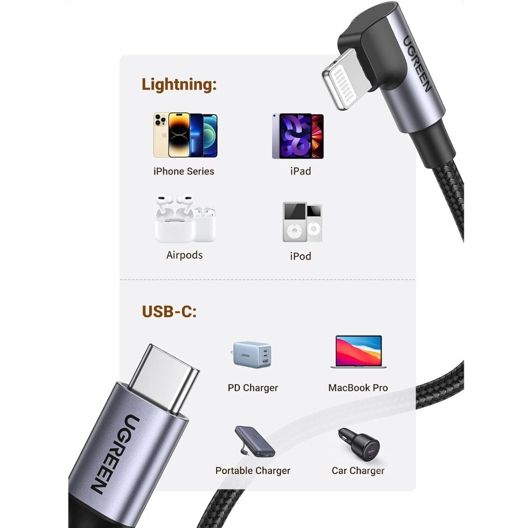 A Photo Of Ugreen USB-C to Angled Lightning Braided Cable – MFi Certified Fast Charging