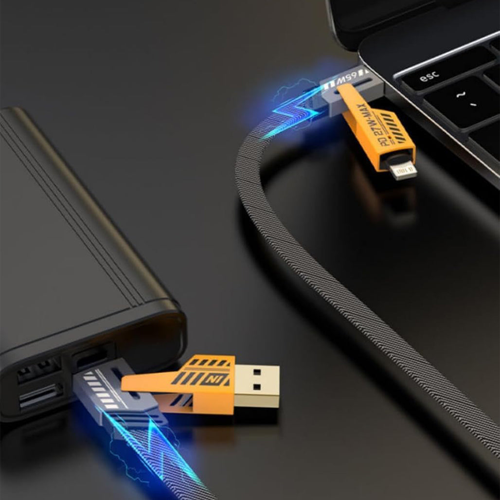A Photo Of Flat Wire 4-in-1 USB-C Fast Charging Cable, 65W PD, 1M Nylon Braided Multi-Charger for iPhone, Android, MacBook, iPad, AirPods