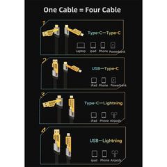 A Photo Of Flat Wire 4-in-1 USB-C Fast Charging Cable, 65W PD, 1M Nylon Braided Multi-Charger for iPhone, Android, MacBook, iPad, AirPods