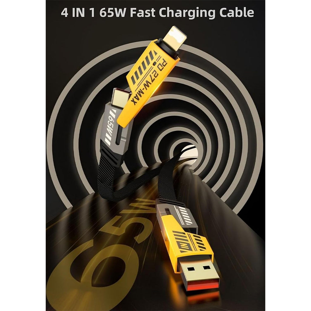 A Photo Of Flat Wire 4-in-1 USB-C Fast Charging Cable, 65W PD, 1M Nylon Braided Multi-Charger for iPhone, Android, MacBook, iPad, AirPods