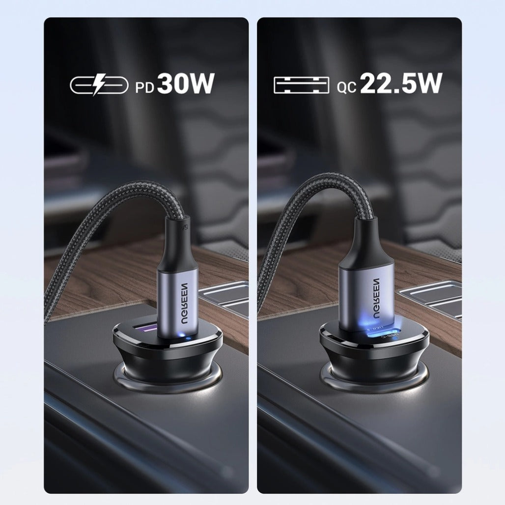 A Photo Of Ugreen 25845 Car Charger USB-C USB-A 30W