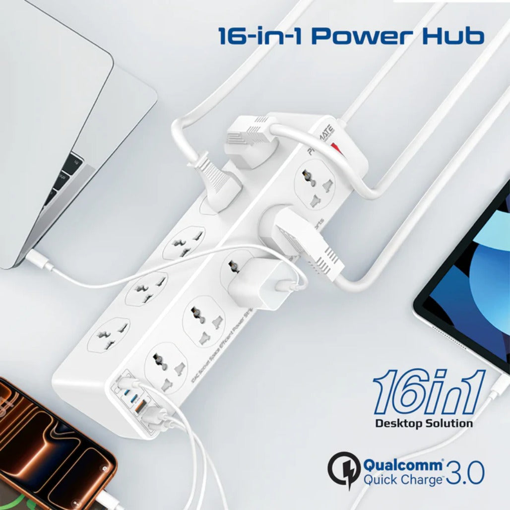 A Photo Of Promate PowerMatrix2-5M - 10AC Socket Space Efficient Power Strip with Multiple Fast Charging USB Ports