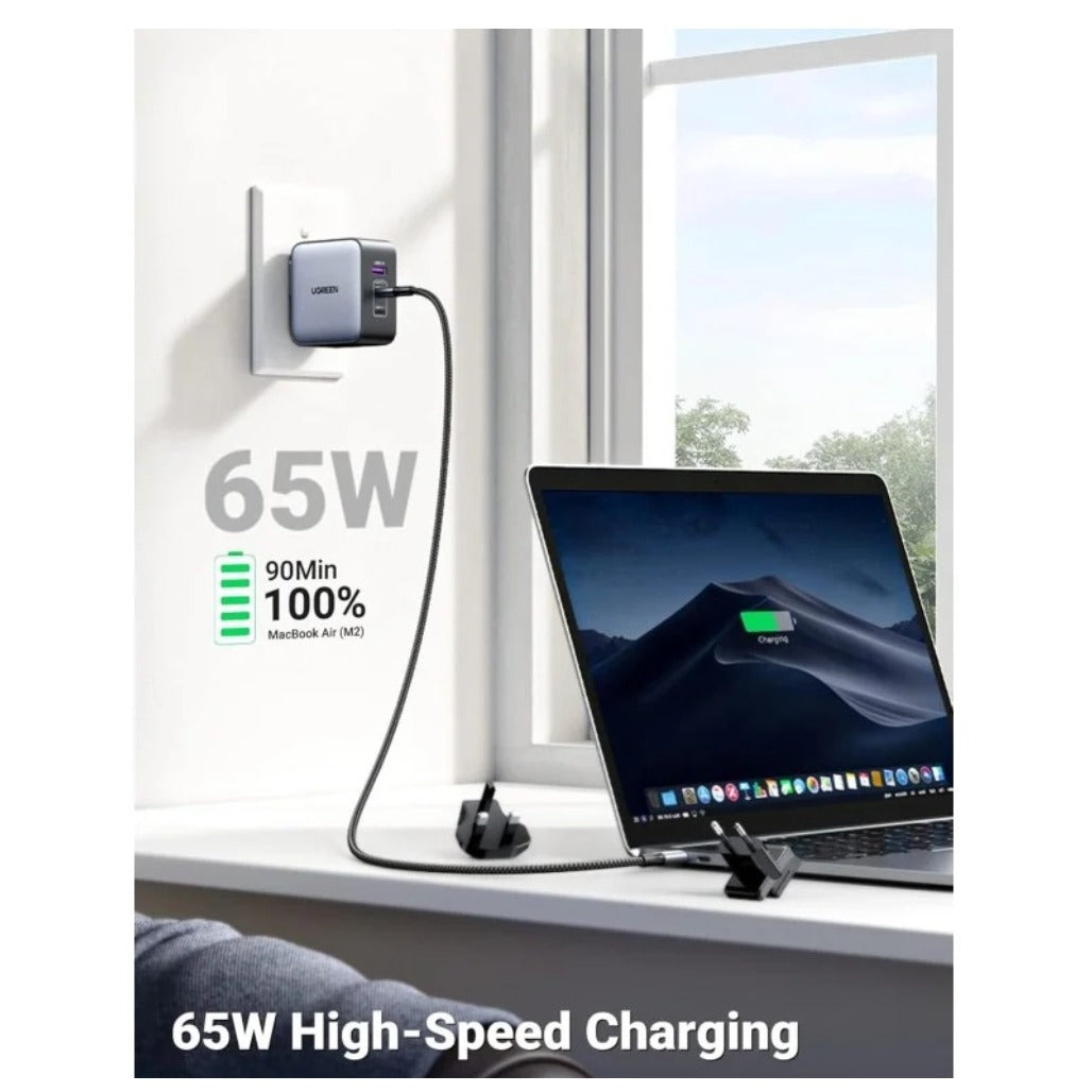 A Photo Of Ugreen 65W GaN Travel Charger – 3-Port Fast Charging Adapter with International Plugs