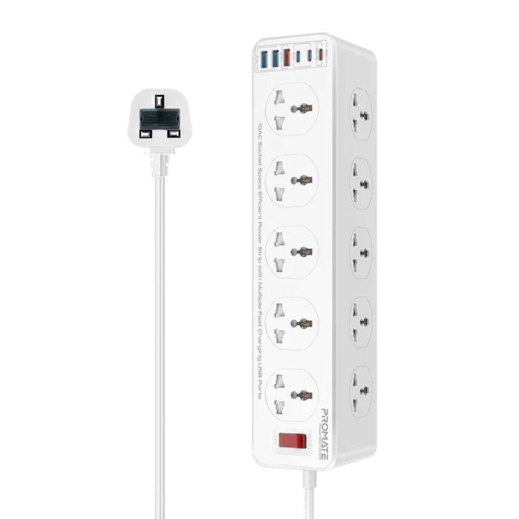 A Photo Of Promate PowerMatrix2-5M - 10AC Socket Space Efficient Power Strip with Multiple Fast Charging USB Ports