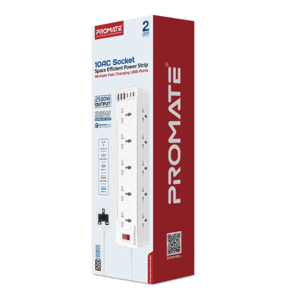 A Photo Of Promate PowerMatrix2-5M - 10AC Socket Space Efficient Power Strip with Multiple Fast Charging USB Ports