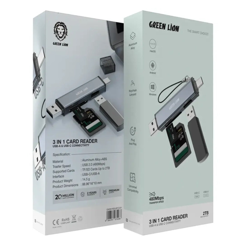 A Photo Of Green Lion 3 in 1 Card Reader with USB-A & USB-C Connectivity - Gray