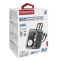 Promate 65W Multi-Device Charging Transparent Power Bank with Built-In USB-C & Lightning Cable