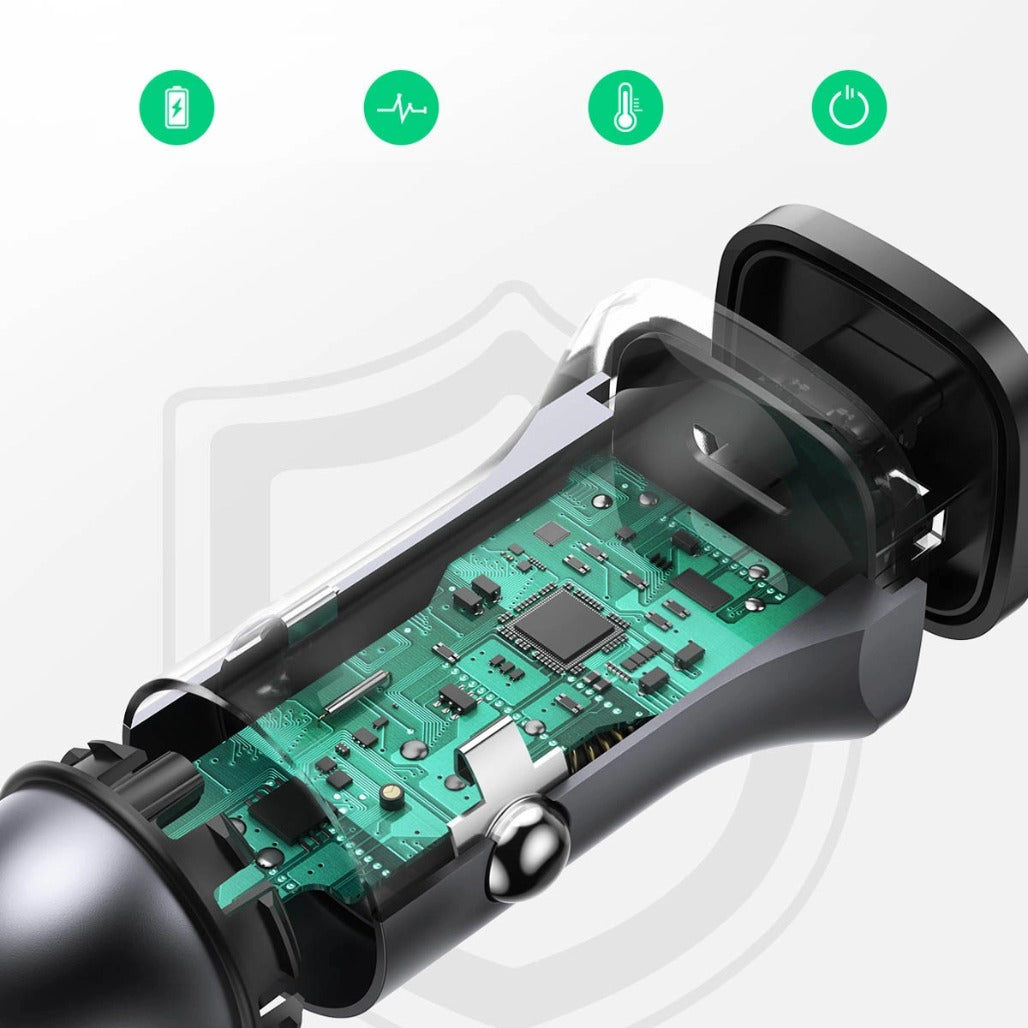 A Photo Of Ugreen 40858 30W USB C Car Charger Dual Port PD3.0 QC3.0 Fast Charging