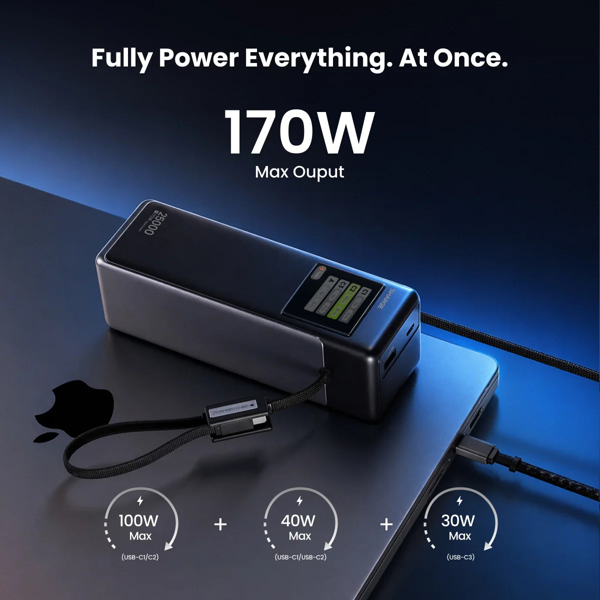 A Photo Of SHARGE HyperTower 170 - 25000mAh 170W Power Bank with Dual Built-In USB-C Cables