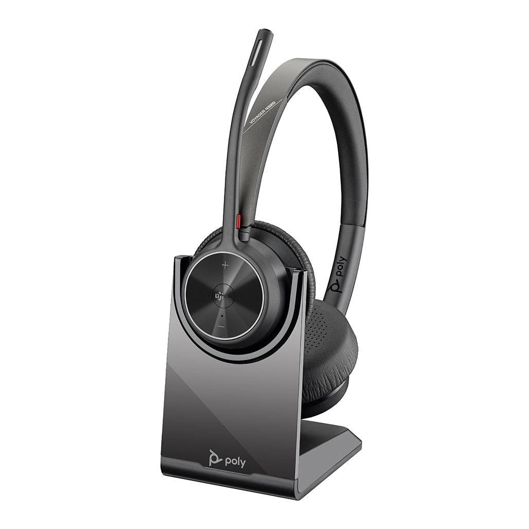 A Photo Of Poly Voyager 4320 Microsoft Teams Certified Wireless Headset with BT700 USB Adapter & Charging Stand