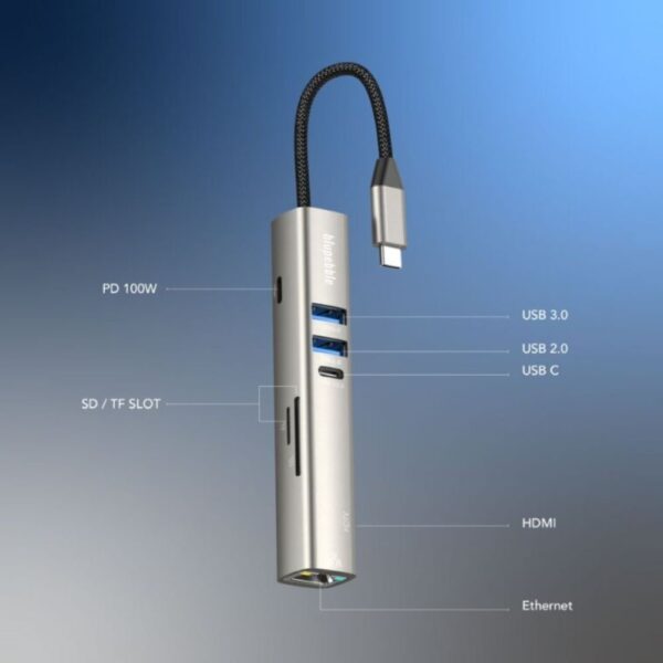 A Photo Of Blupebble C7 Multi Hub - 7-in-1 Aluminum USB-C Hub - BP-C7USBCHUB7IN1-GY-SD26-J