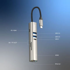A Photo Of Blupebble C7 Multi Hub - 7-in-1 Aluminum USB-C Hub - BP-C7USBCHUB7IN1-GY-SD26-J