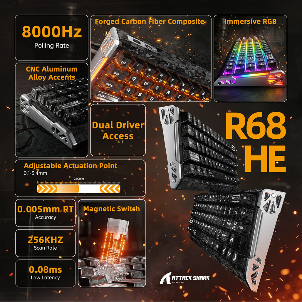 A Photo Of ATTACK SHARK R68 HE Carbon Fiber Rapid Trigger Keyboard – 60% Wired 8KHz Magnetic Gaming Keyboard