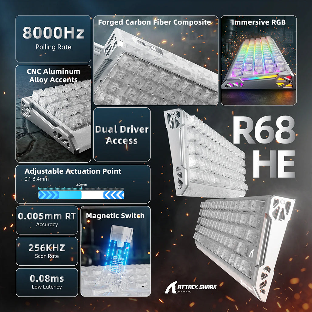 A Photo Of ATTACK SHARK R68 HE Carbon Fiber Rapid Trigger Keyboard – 60% Wired 8KHz Magnetic Gaming Keyboard