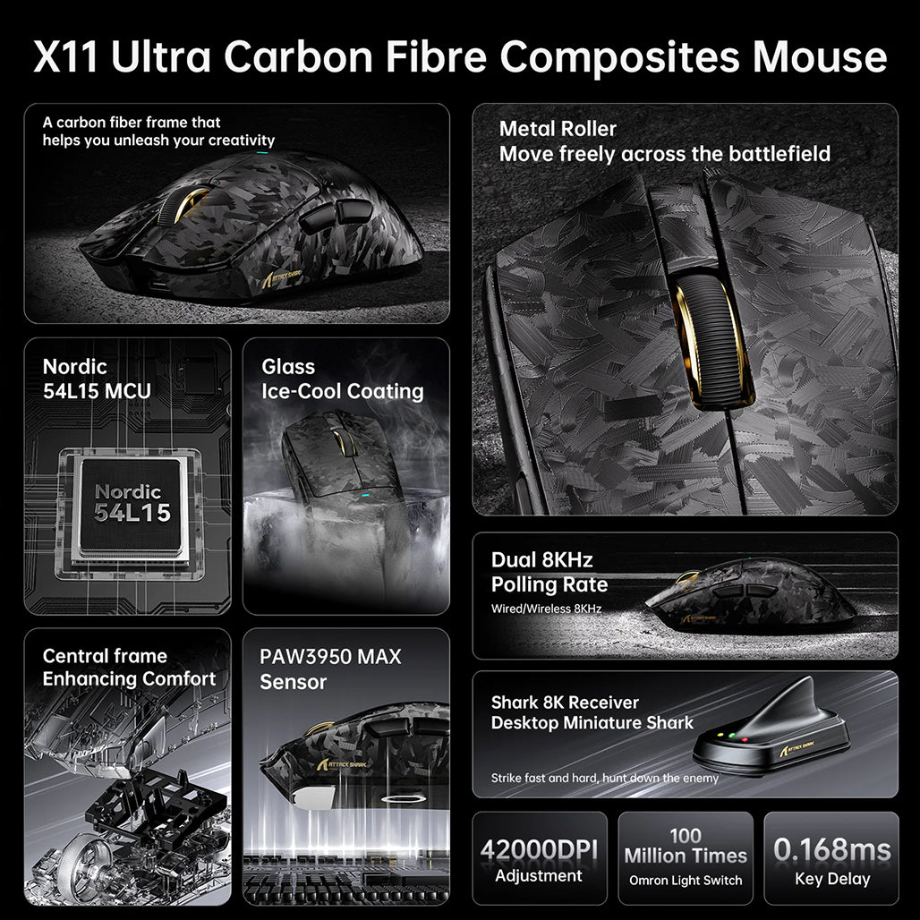 A Photo Of ATTACK SHARK X11 ULTRA Carbon Fiber Wireless 8K Gaming Mouse – 63g PAW3950MAX Esports Mouse