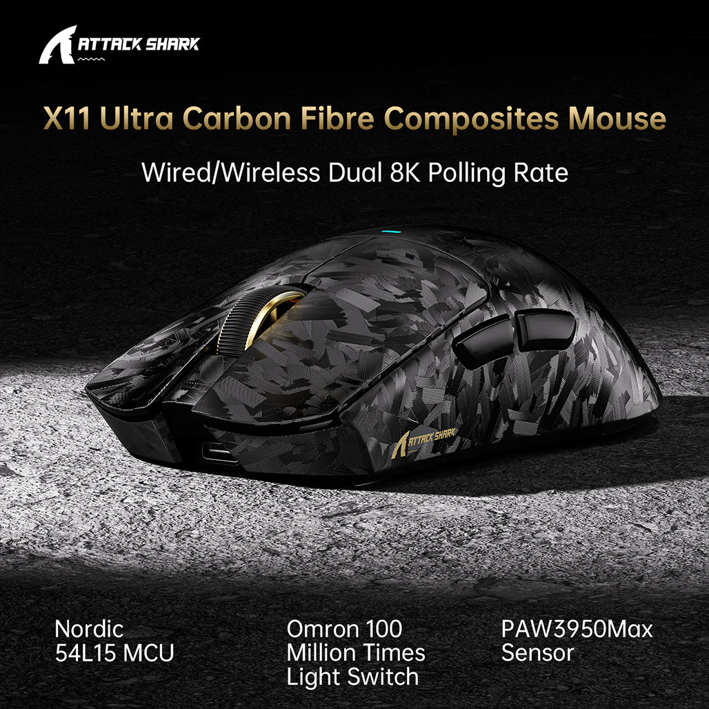 A Photo Of ATTACK SHARK X11 ULTRA Carbon Fiber Wireless 8K Gaming Mouse – 63g PAW3950MAX Esports Mouse