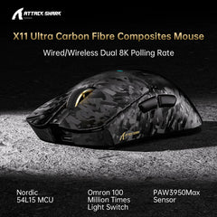 A Photo Of ATTACK SHARK X11 ULTRA Carbon Fiber Wireless 8K Gaming Mouse – 63g PAW3950MAX Esports Mouse