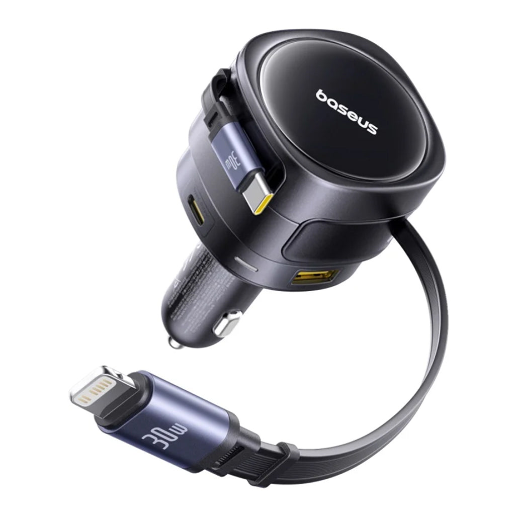 A Photo Of Baseus Enjoyment Max 90W Car Charger with Built-in USB-C & Lightning Cables