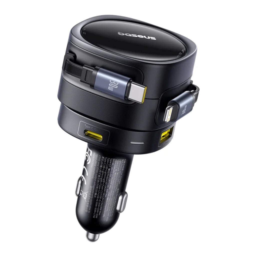 A Photo Of Baseus Enjoyment Max 90W Car Charger with Built-in USB-C & Lightning Cables