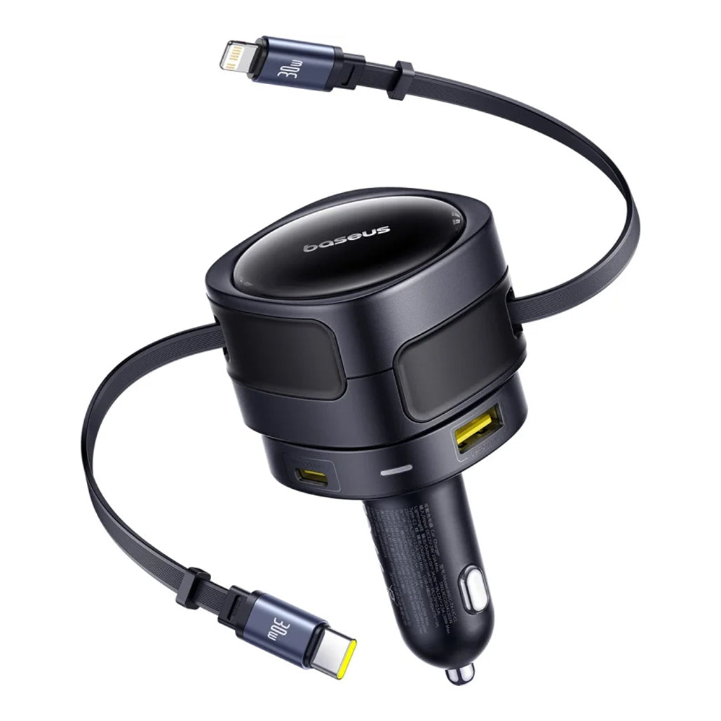 A Photo Of Baseus Enjoyment Max 90W Car Charger with Built-in USB-C & Lightning Cables