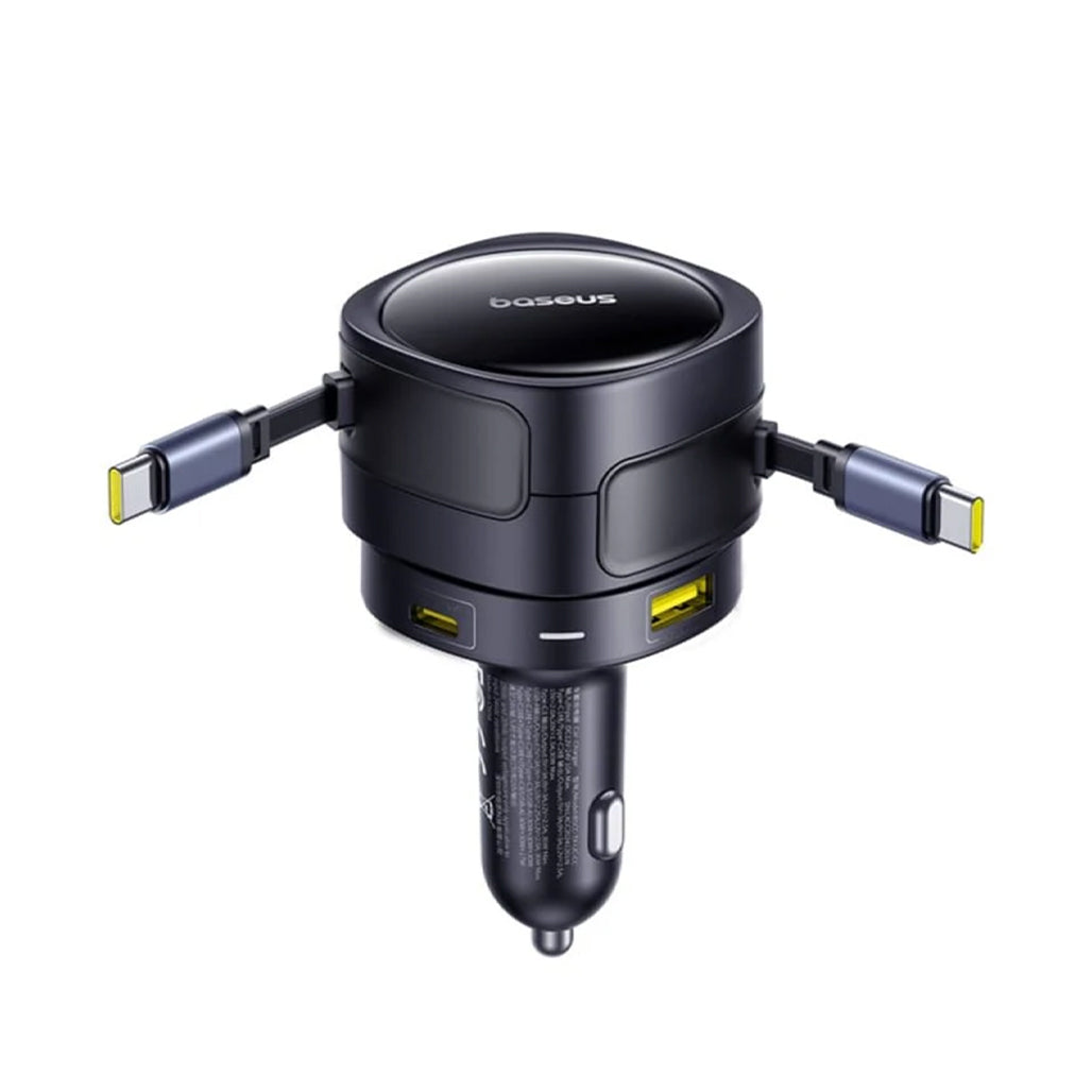 A Photo Of Baseus Enjoyment Max 90W Car Charger – Dual Retractable USB-C Cables, USB-C & USB-A Ports