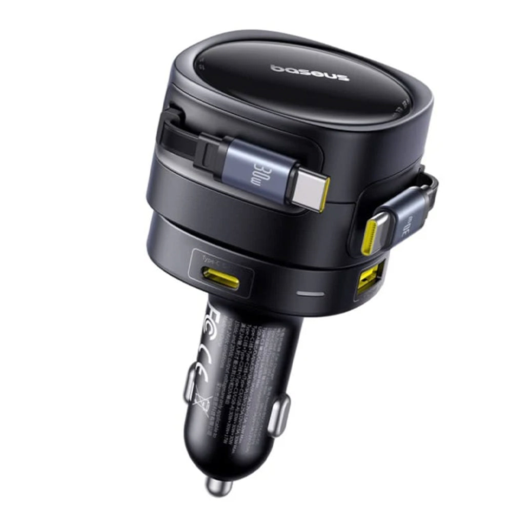 A Photo Of Baseus Enjoyment Max 90W Car Charger – Dual Retractable USB-C Cables, USB-C & USB-A Ports