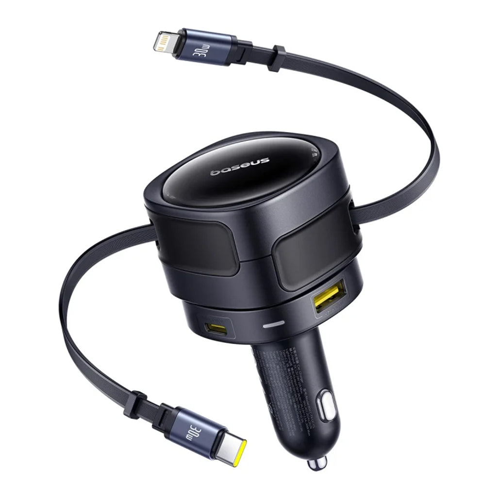 A Photo Of Baseus Enjoyment Max 90W Car Charger with Built-in USB-C & Lightning Cables