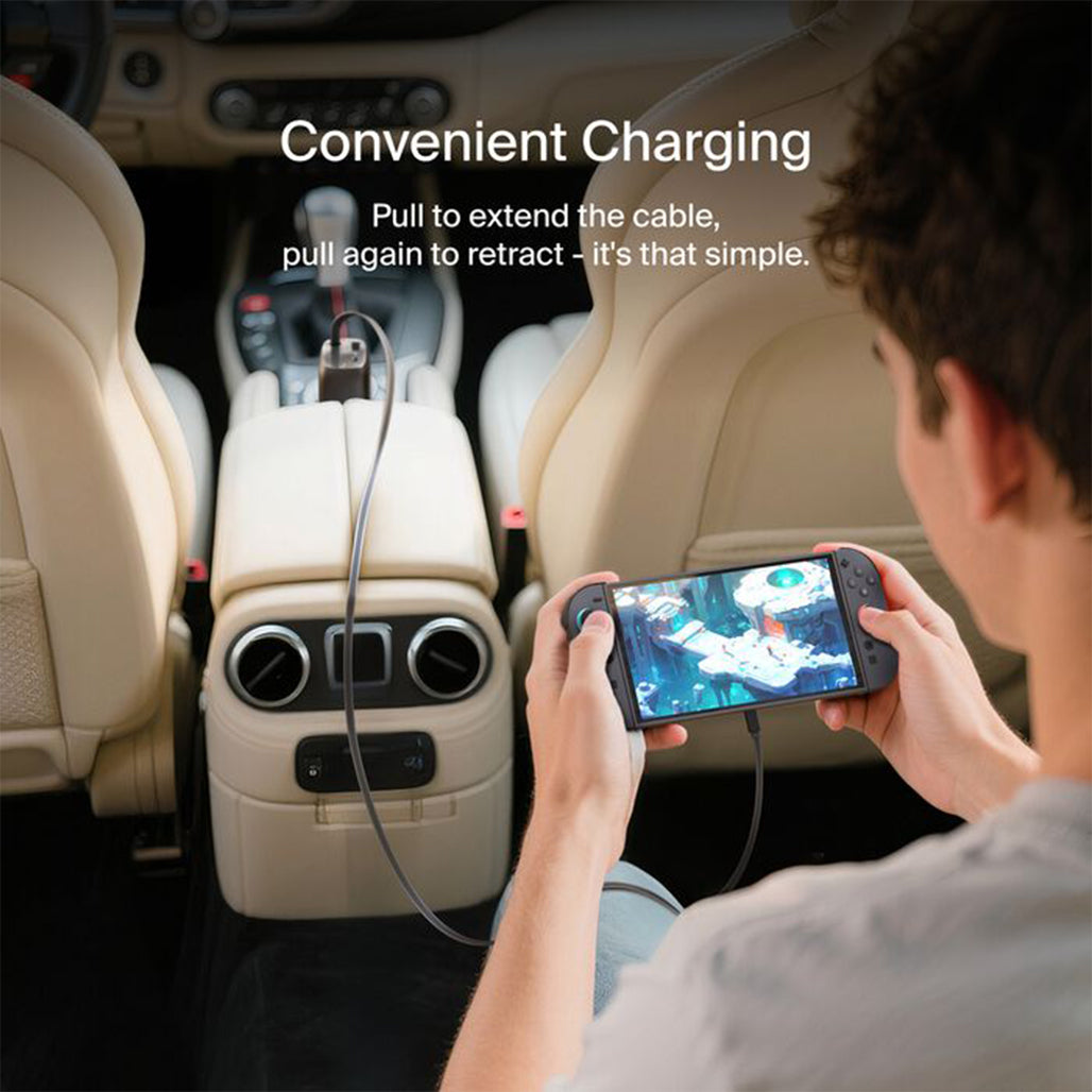 A Photo Of Belkin BoostCharge 75W Retractable Car Charger with USB-C Cable & Dual Ports