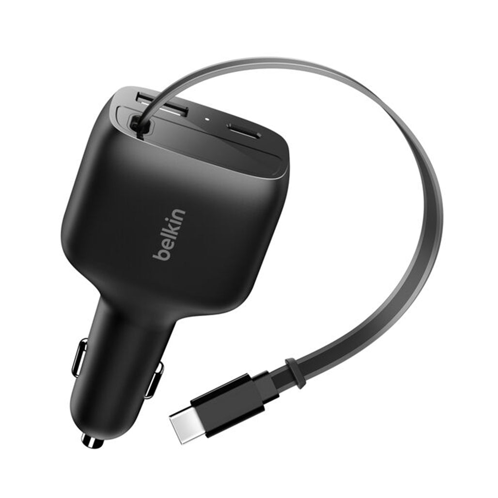 A Photo Of Belkin BoostCharge 75W Retractable Car Charger with USB-C Cable & Dual Ports