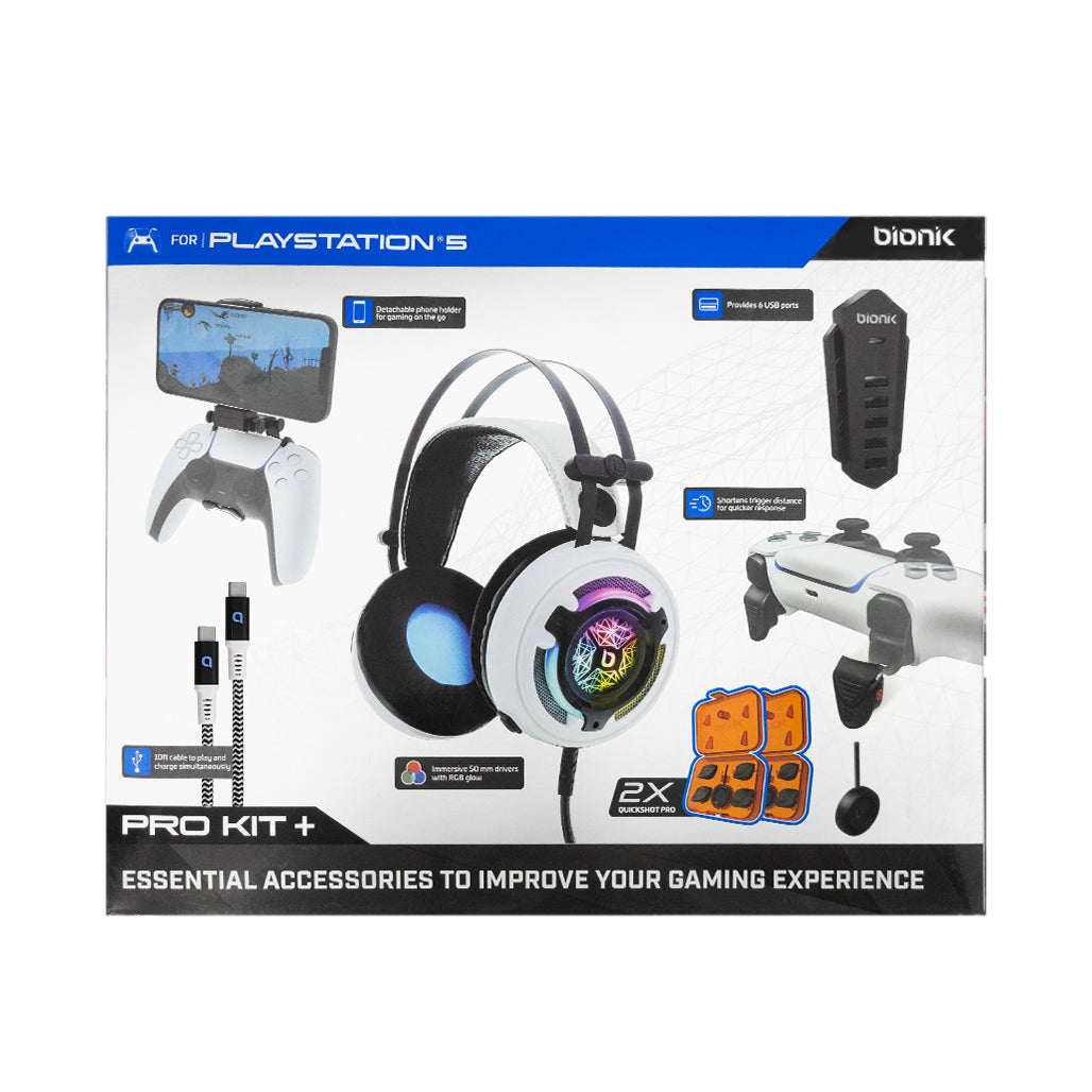 A Photo Of Bionik Pro Kit+ for PlayStation 5 – Gaming Headset, Quickshot Pro Triggers, Phone Holder, USB-C Cable & 6-Port USB Hub