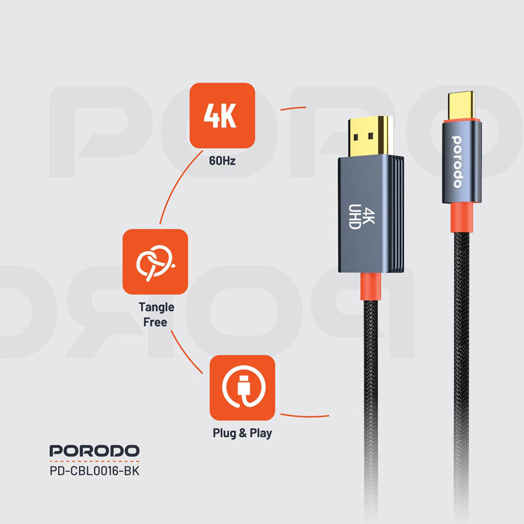 A Photo Of Porodo Woven Cable Type-C to HDMI - Black