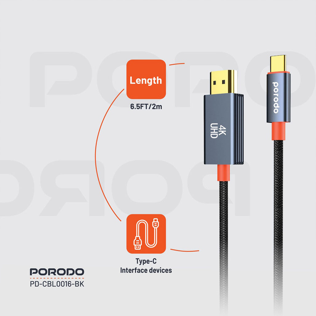 A Photo Of Porodo Woven Cable Type-C to HDMI - Black