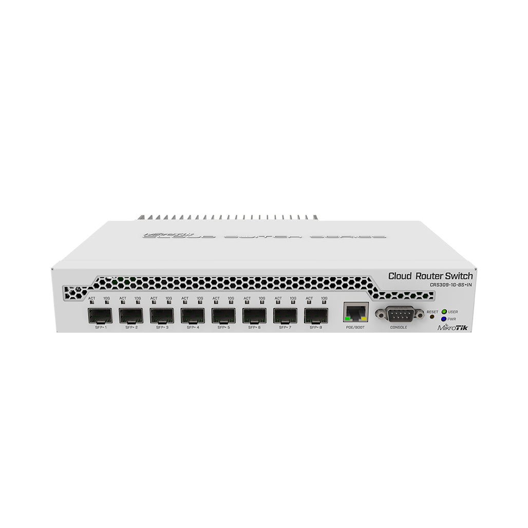 A Photo Of MikroTik CRS309-1G-8S+IN Desktop Switch | 1 Gigabit Ethernet Port, 8 SFP+ 10Gbps Ports