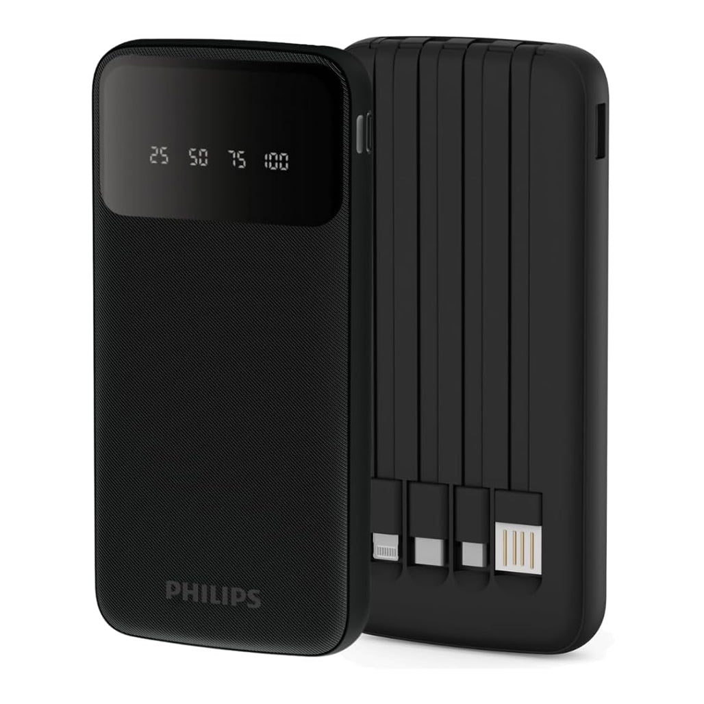 A Photo Of Philips DLP7710 Wired 10000mAh Power Bank with Built-In Lightning, USB-C & Micro USB Cables