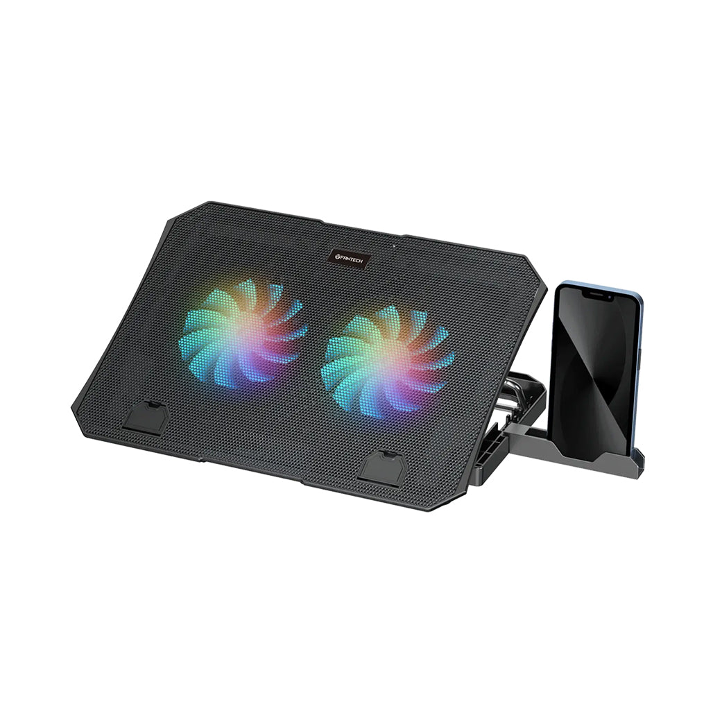 A Photo Of Fantech NC14 Notebook Cooler with RGB Rainbow Lighting and Adjustable Phone Holder