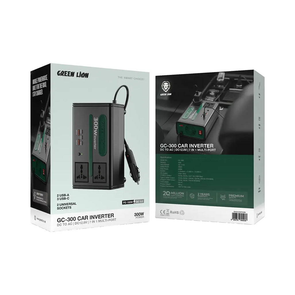 A Photo Of Green Lion GC-300 - 7-in-1 Multi-Port Car Adapter with DC to AC and DC 12.8V Conversion