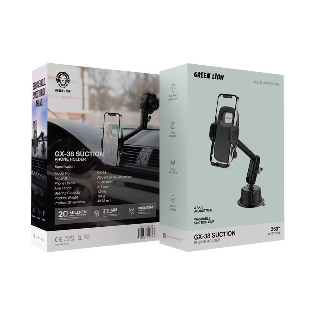 A Photo Of Green Lion GX-38 Universal Suction Phone Holder – 360° Adjustable Car Mount with Washable Suction Cup, 1.5kg Load, for Windshield, Dashboard & Window – Black
