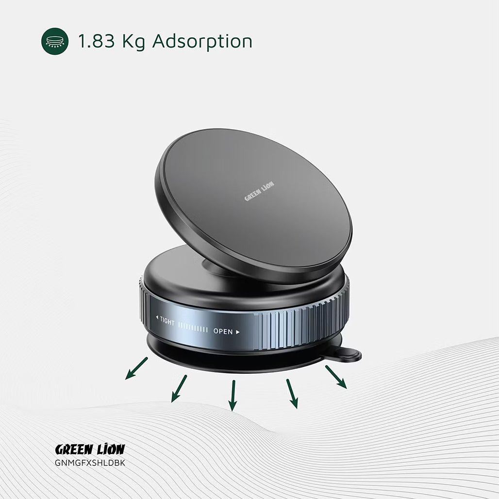 A Photo Of Green Lion Magno Flex Magnetic Phone Holder – 10 N52 Magnets, Strong Vacuum Suction, 360° Rotating Mount – Car & Home Use, MagSafe Compatible – Black