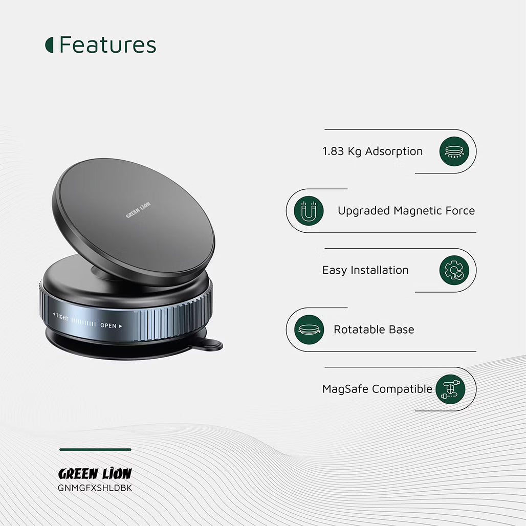 A Photo Of Green Lion Magno Flex Magnetic Phone Holder – 10 N52 Magnets, Strong Vacuum Suction, 360° Rotating Mount – Car & Home Use, MagSafe Compatible – Black