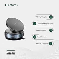 A Photo Of Green Lion Magno Flex Magnetic Phone Holder – 10 N52 Magnets, Strong Vacuum Suction, 360° Rotating Mount – Car & Home Use, MagSafe Compatible – Black