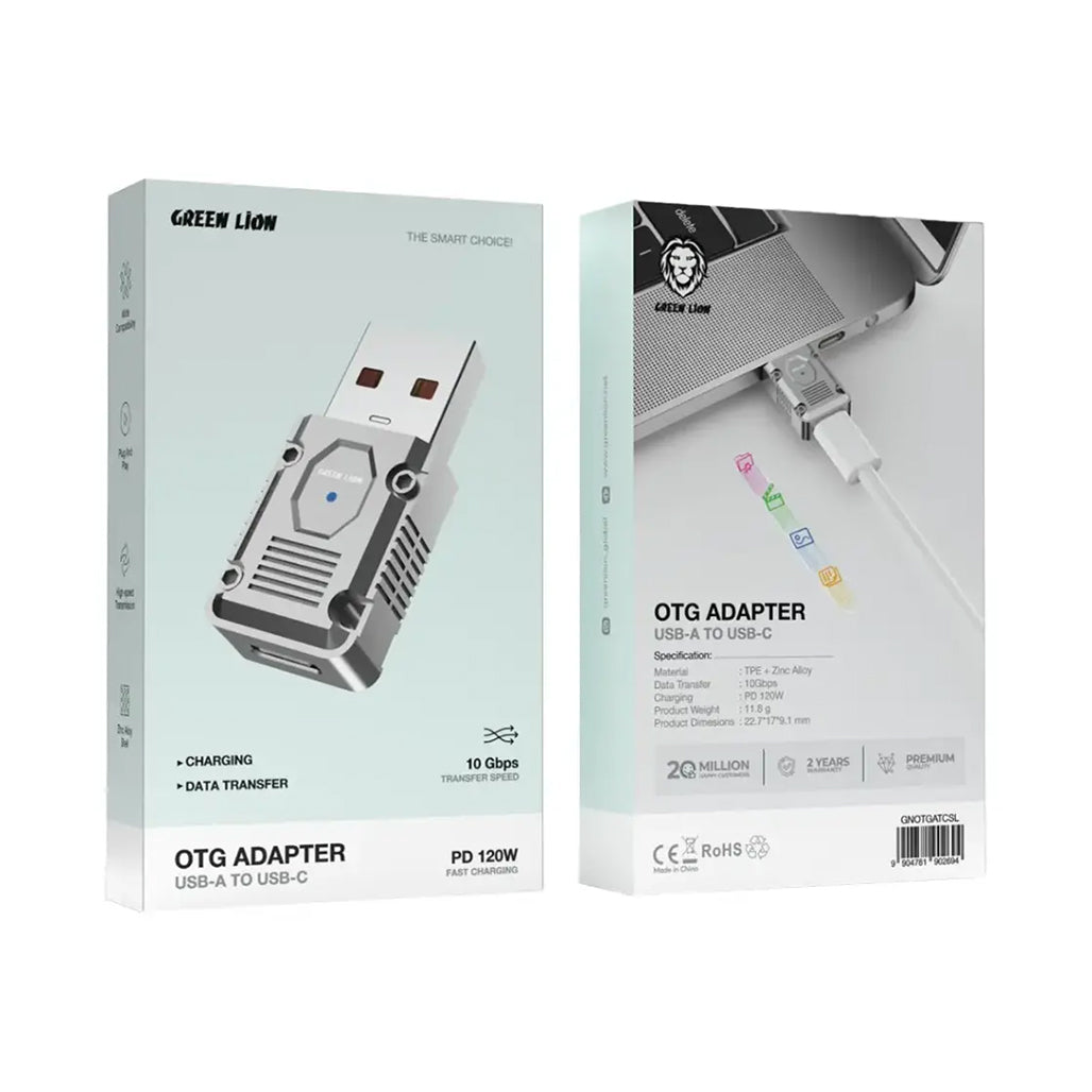 A Photo Of Green Lion USB-A to USB-C OTG Adapter 120W Fast Charging & 10Gbps Data Transfer – Silver