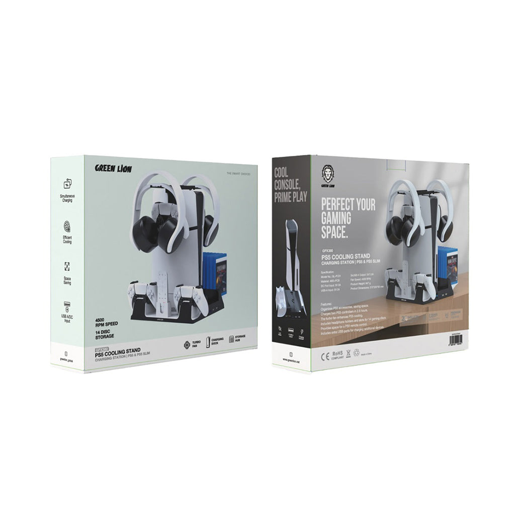 A Photo Of Green Lion PS5 Cooling Stand & Charging Station with Turbo Fan and 14-Disc Storage – White