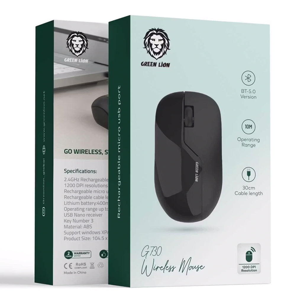 A Photo Of Green Lion G730 Wireless Bluetooth Mouse – 1200 DPI, Rechargeable 400mAh Battery, 10m Range, USB Nano Receiver