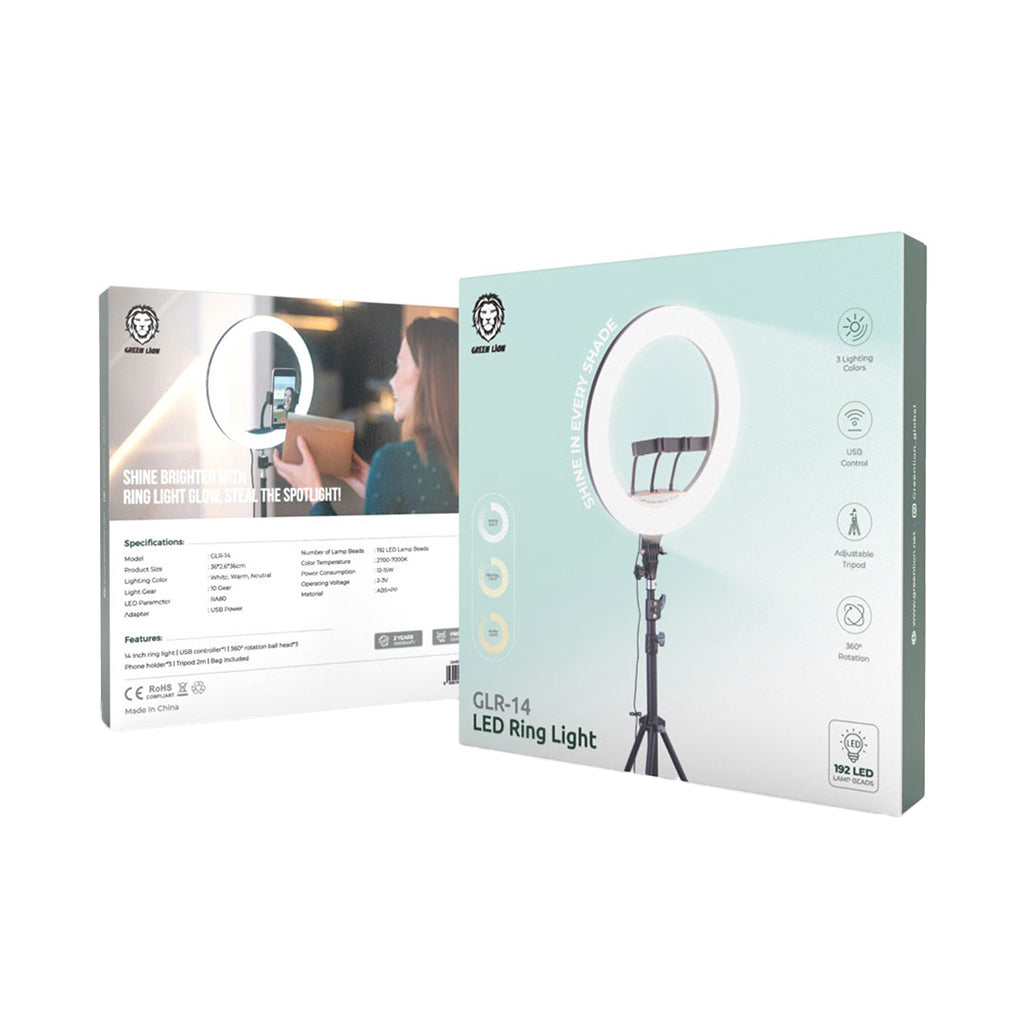 A Photo Of Green Lion Button Mode Ringlight 14 | Adjustable Tripod, 360° Rotation, Stepless Dimming