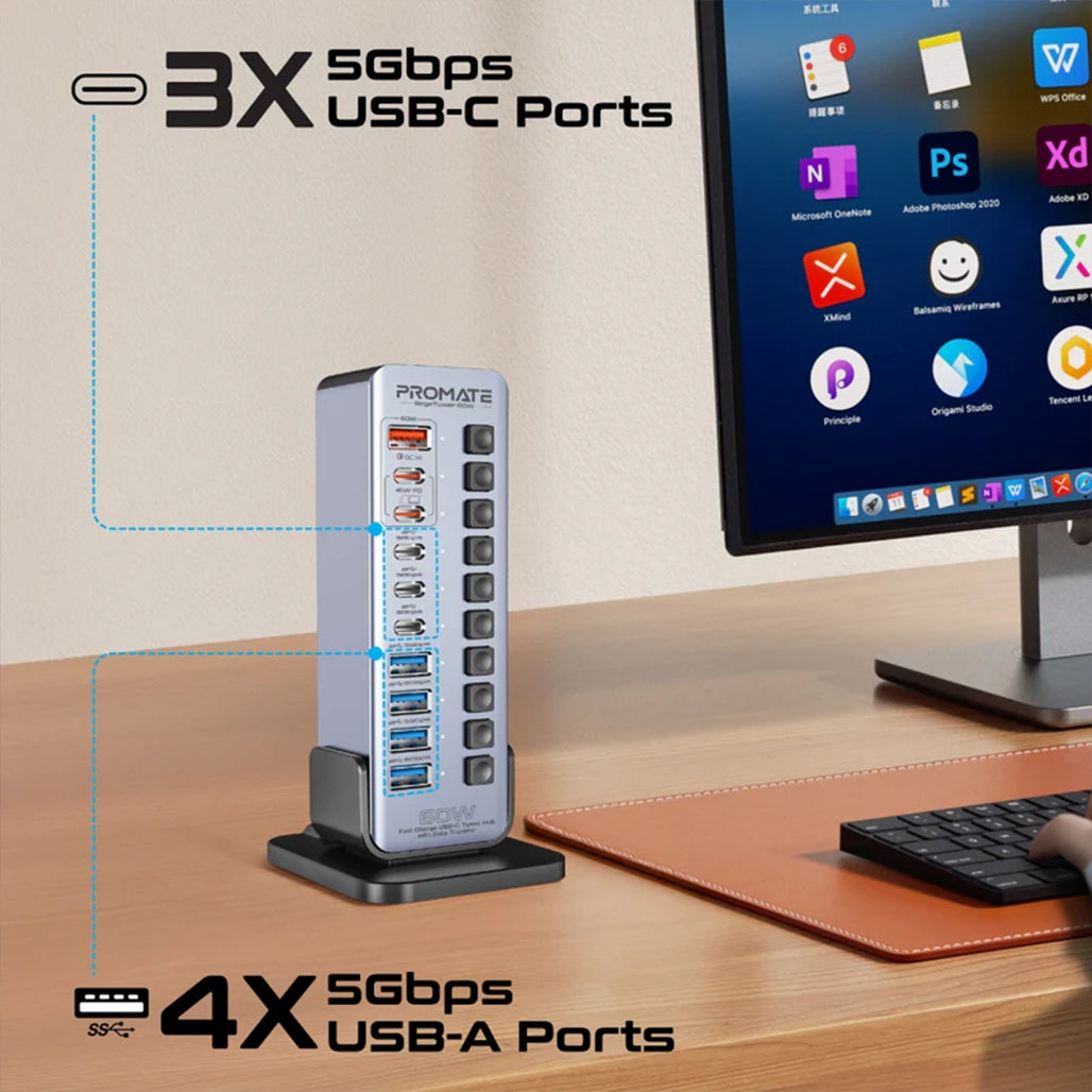A Photo Of Promate GegaTower-60W | Fast Charging Multi-Port USB-C Hub with 5Gbps Data Transfer