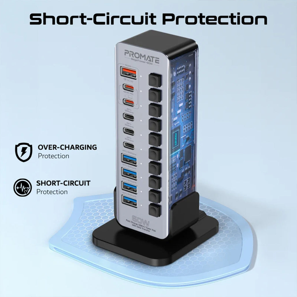 A Photo Of Promate GegaTower-60W | Fast Charging Multi-Port USB-C Hub with 5Gbps Data Transfer