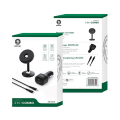 A Photo Of Green Lion 3-in-1 Combo – USB-C to Lightning Cable, Dual Port Car Charger, and Magnetic Car Holder
