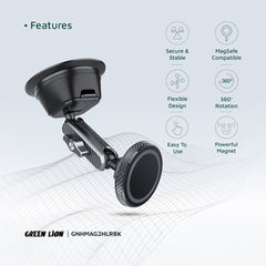 A Photo Of Green Lion Halo MagSafe 2 Car Holder – 17 Strong Magnets, 360° Rotation, Secure Mount for Dashboard & Windshield