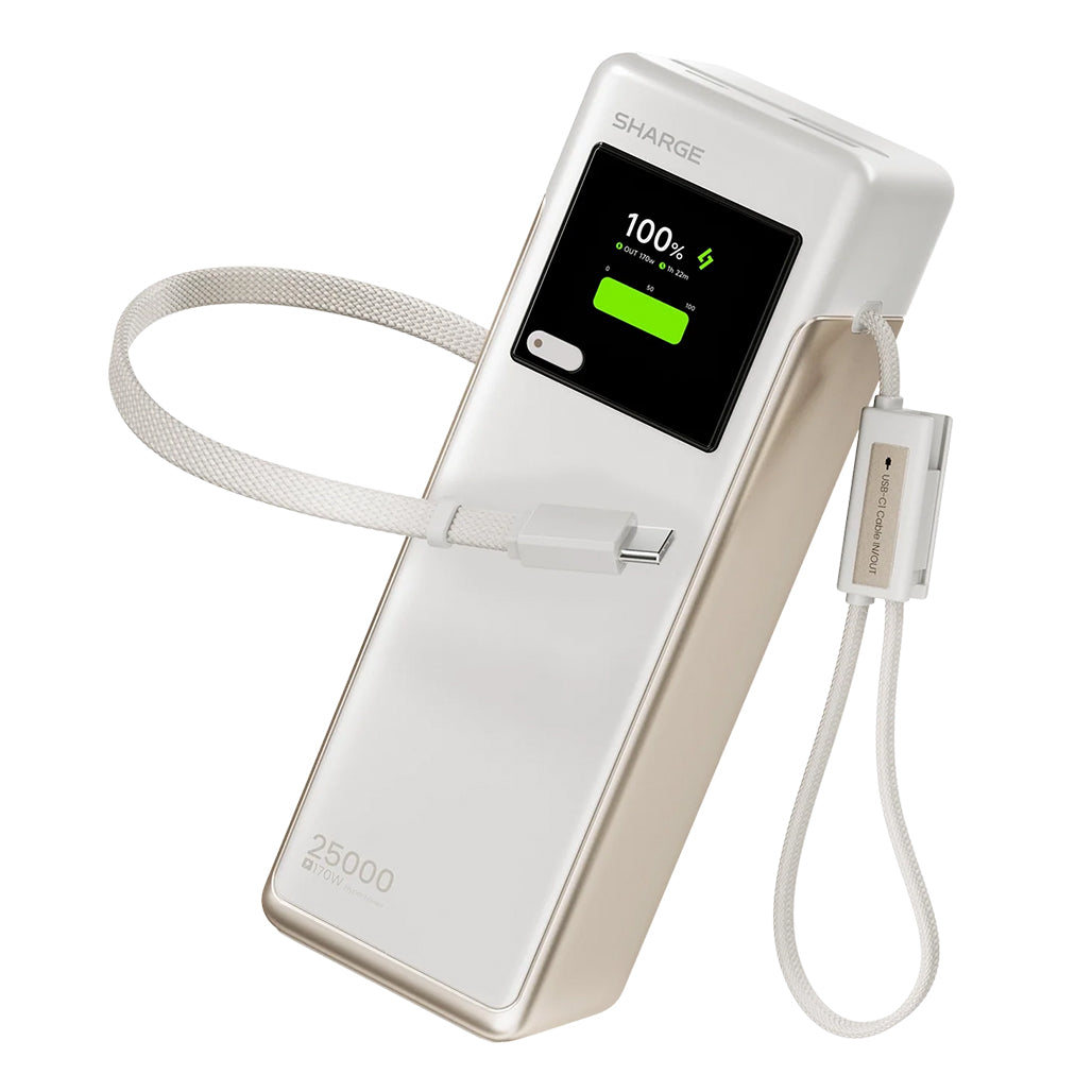 A Photo Of SHARGE HyperTower 170 - 25000mAh 170W Power Bank with Dual Built-In USB-C Cables