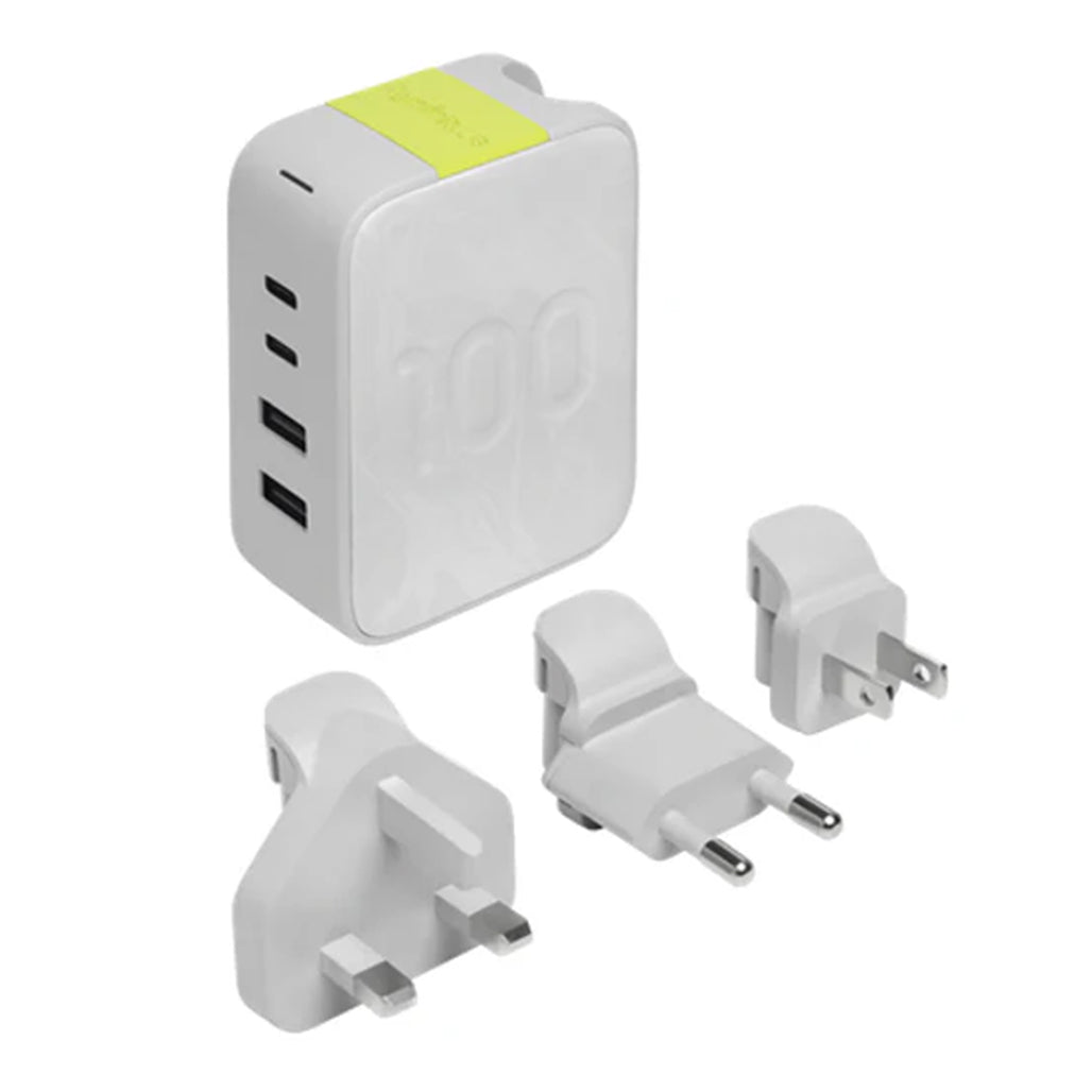 A Photo Of InfinityLAB InstantCharger 100W 4-Port USB Fast Wall Charger – Travel-Ready GaN Charger with USB-C & USB-A, Global Plug Adapters, Eco-Friendly Design
